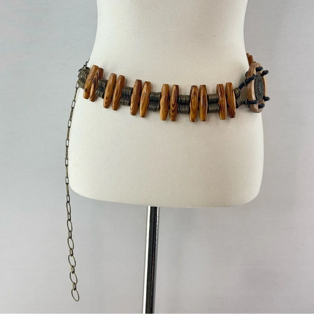 Vintage Wooden Medallian and Pegs Brass Metal Link Chain Belt
